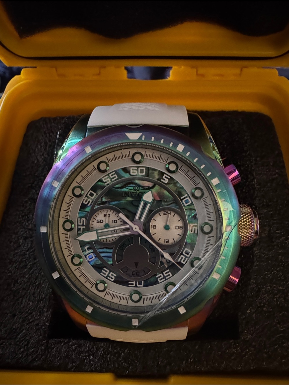 Invicta Multicolor Iridescent mock Chronograph Watch - White Strap